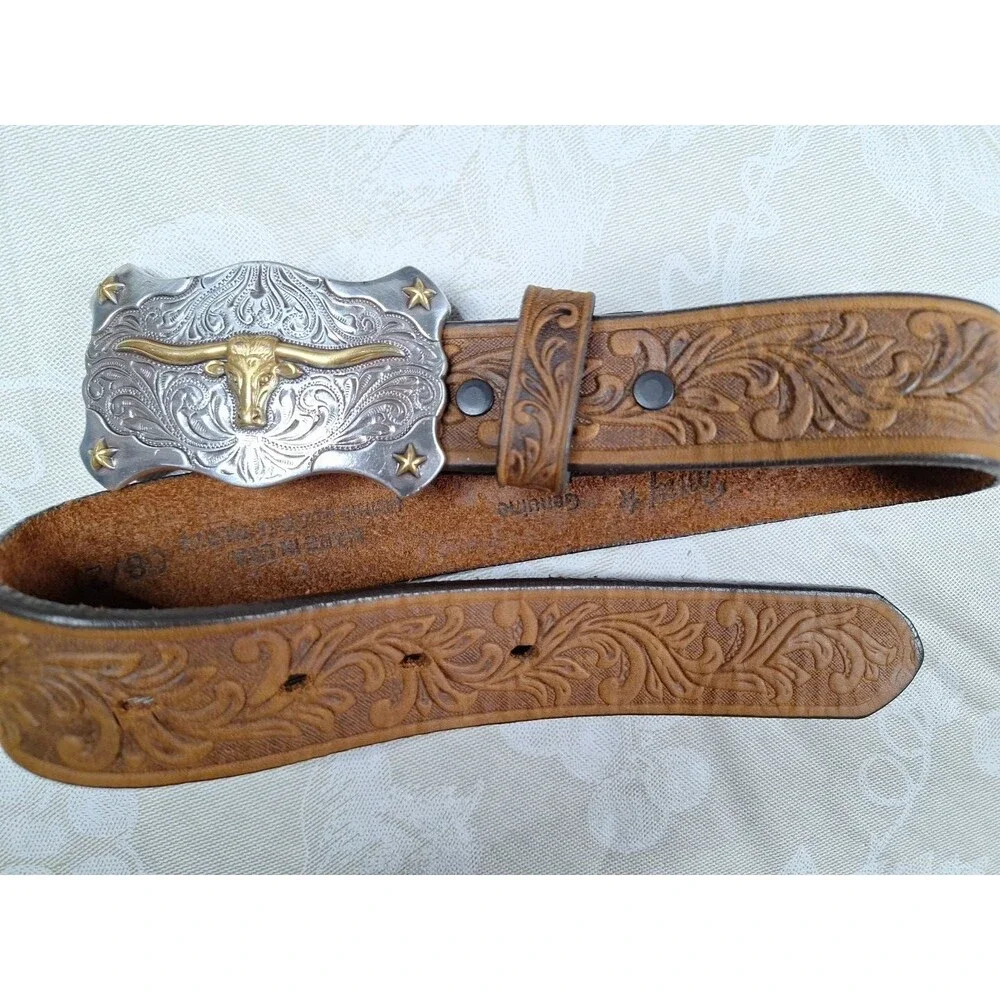 NWT Tony Lama LITTLE TEXAS Handtooled Western Leather Belt W Buckle Child 4/6 yr
